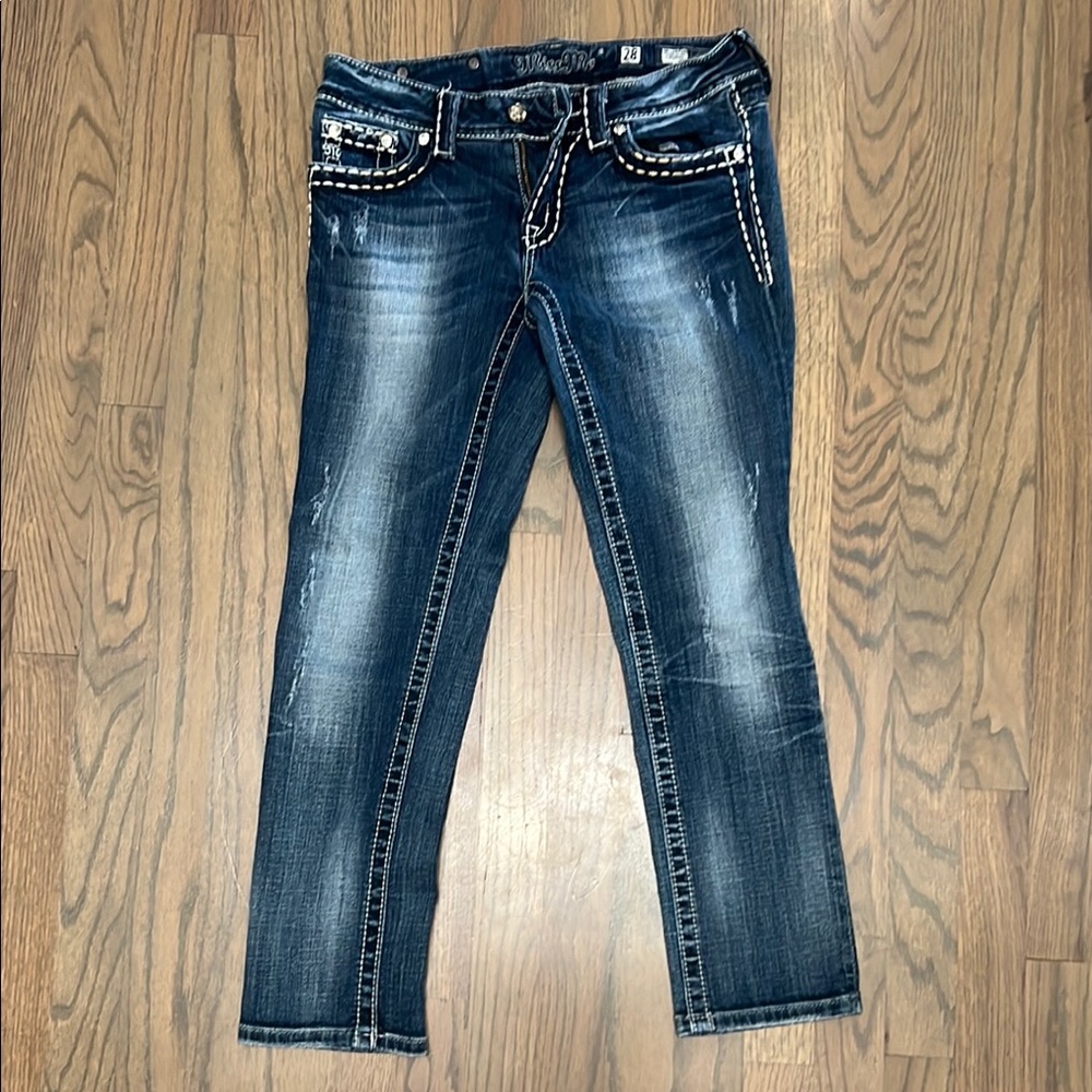 Miss Me Blue Ankle Cropped Jeans with Contrast Stitching